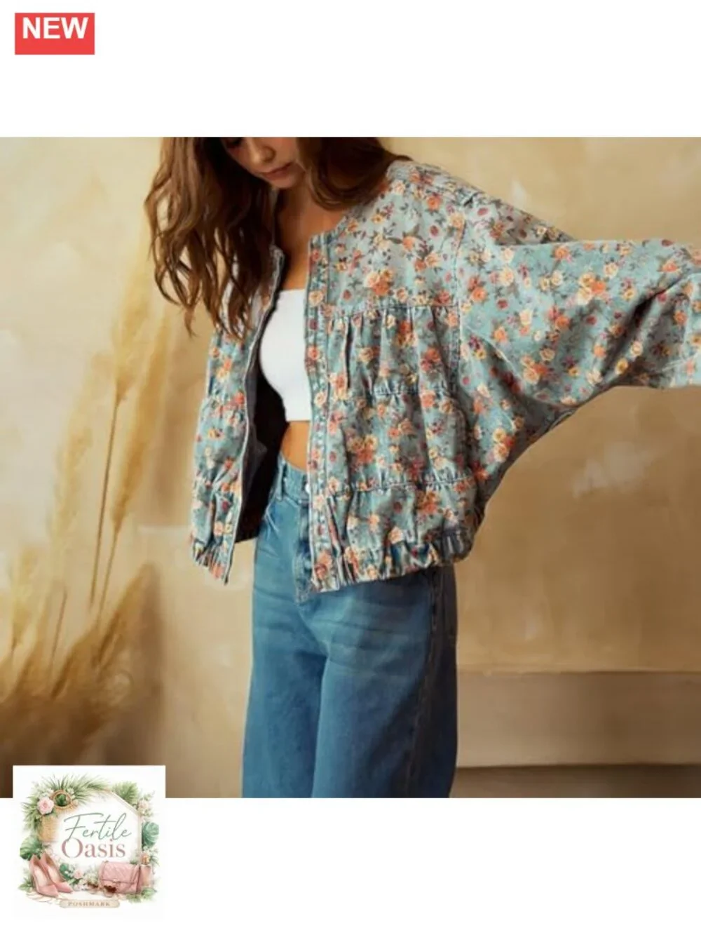 Oversized Floral Denim Bomber Jacket Y2K Trendy Lightweight